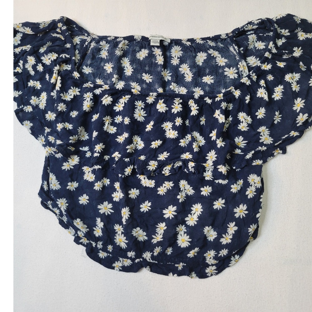 American Eagle Navy Blue Daisy Floral Ruffle Crop Top Large 2512